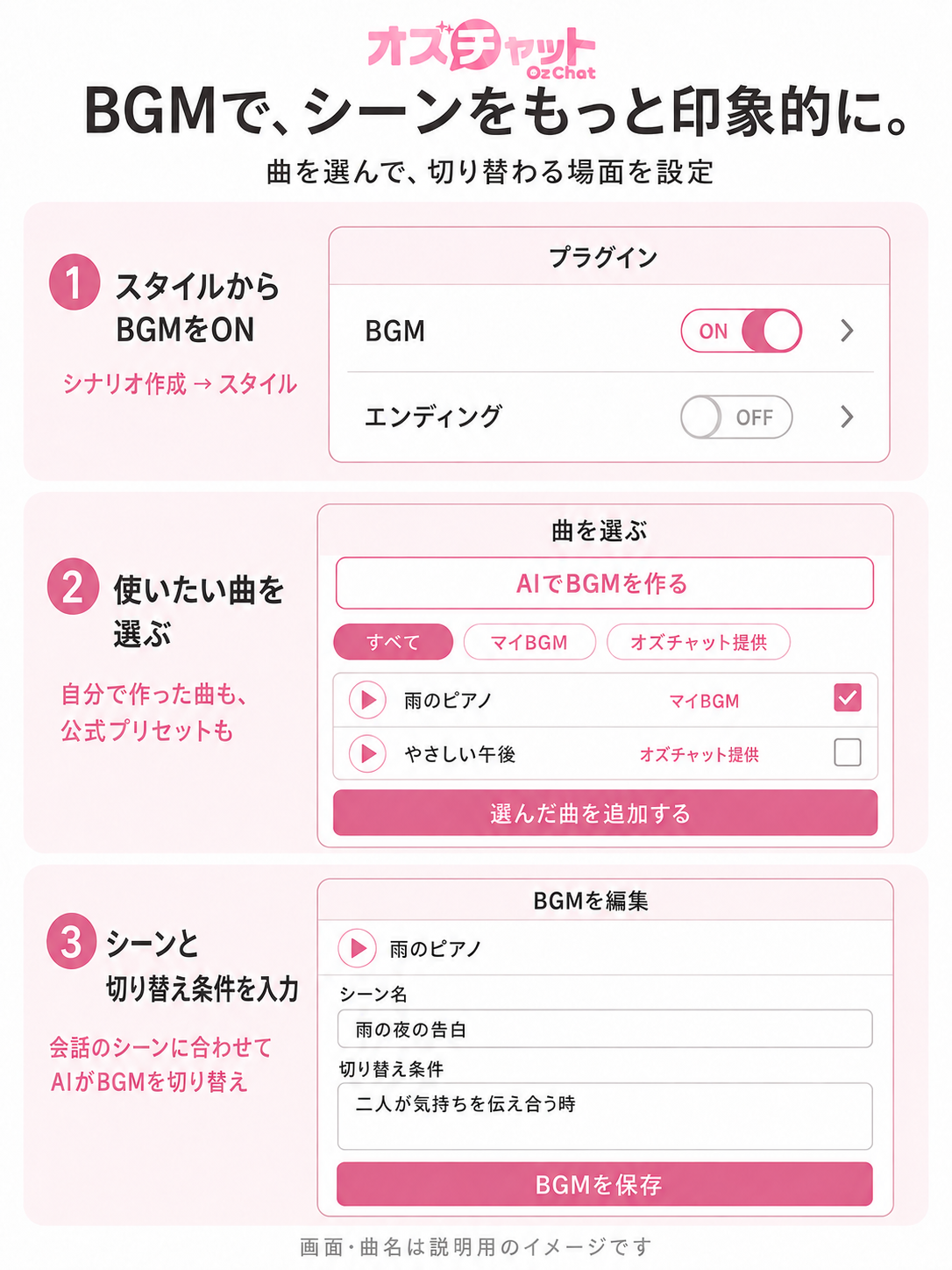 BGMの設定方法：プラグインを有効にし、曲と切り替え条件を設定