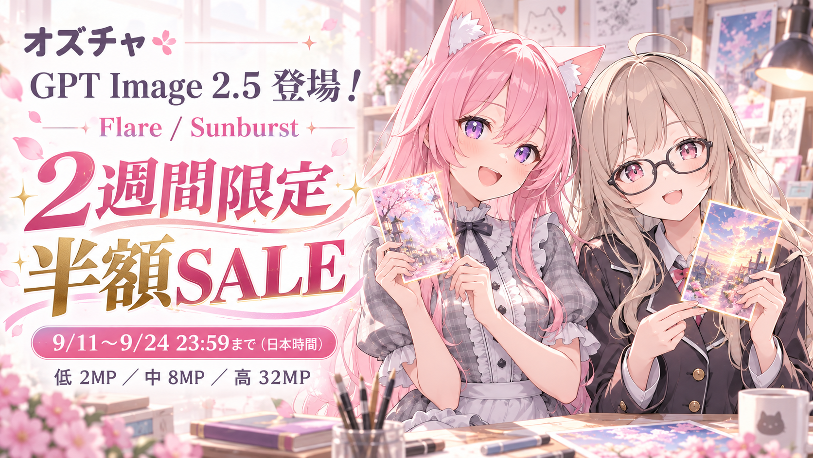こはく・とあとお知らせするGPT Image 2.5半額SALE。9月24日23:59まで、低2MP・中8MP・高32MP。